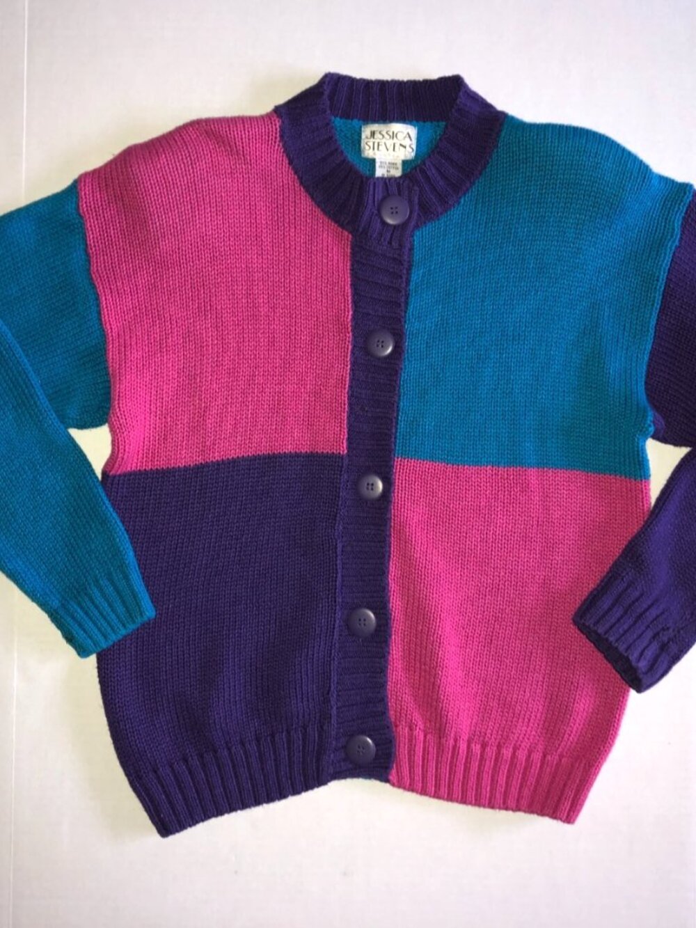 Vintage Jessica Stevens Cotton Blend Color Block Button Up Cardigan Womens M